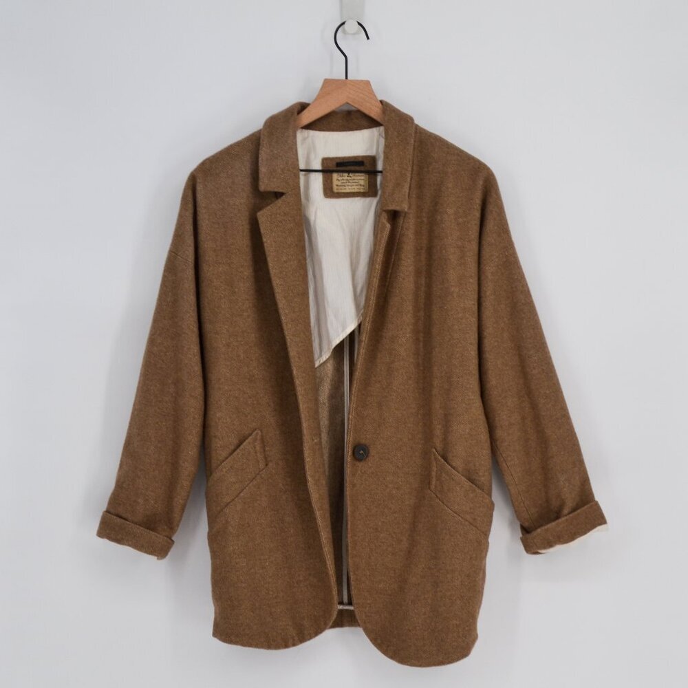 IKKS Wool Blend One Button Blazer Jacket Tan Women's 34 XS Single Breasted Lined